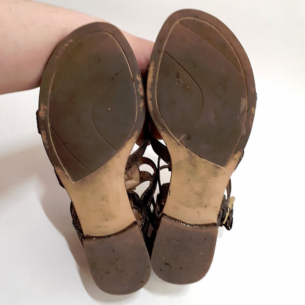 MARC FISHER Gladiator Sandals in Metallic Bronze Glitter with Gold Hardware - Picture 11 of 12